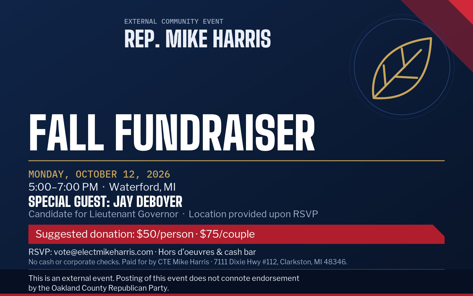 Event flyer: Rep. Mike Harris Fall Fundraiser - featuring Jay DeBoyer