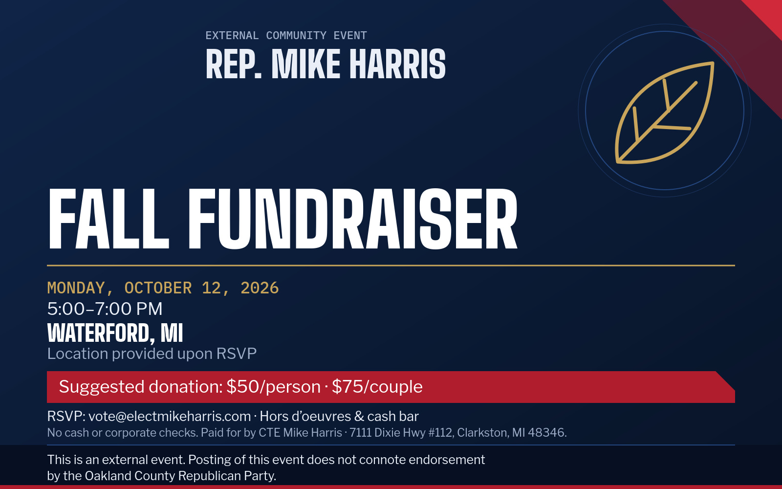 Event flyer: Rep. Mike Harris Fall Fundraiser