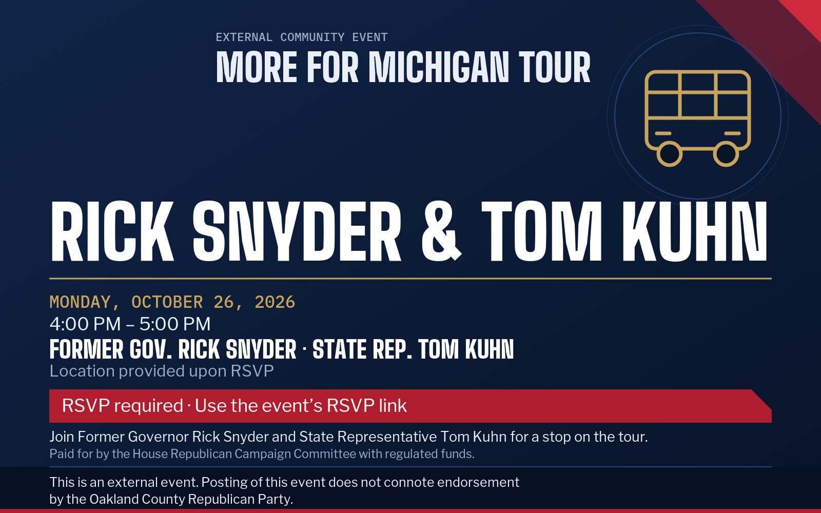 Event flyer: More for Michigan Tour with Former Gov. Rick Snyder & Rep. Tom Kuhn