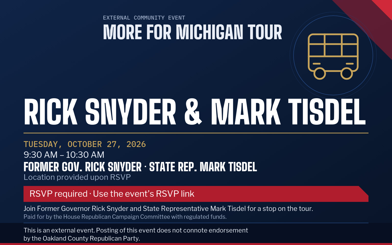 Event flyer: More for Michigan Tour with Former Gov. Rick Snyder & Rep. Mark Tisdel