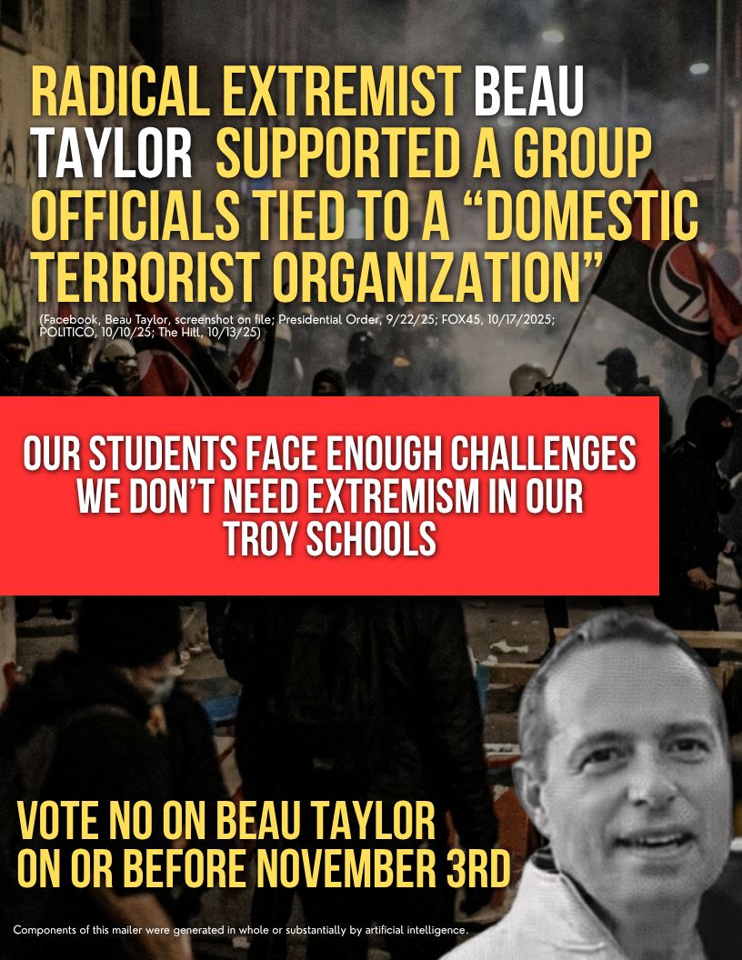 Mail piece 1 back: Beau Taylor supported a group tied to a domestic terrorist organization