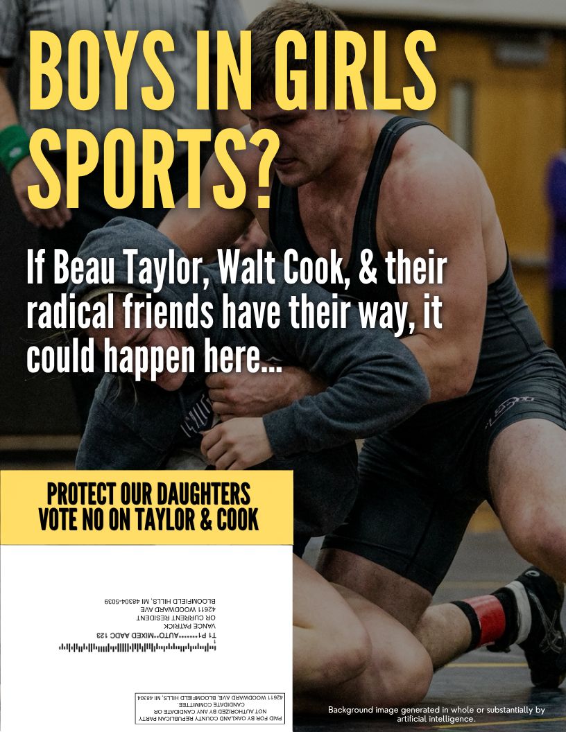 Mail piece 1 front: Boys in girls sports? Protect our daughters, vote no on Taylor and Cook